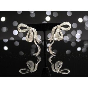 Betsey‎ Johnson Crystal Bow Dangle Earrings Silver Tone Sparkle